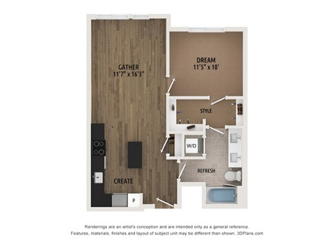 Floor plan for 1 bed, 1 bath, 651 sqft